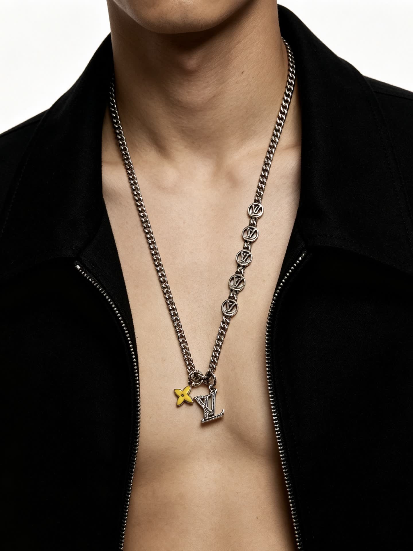 Louis Vuitton Silver Chain Necklace with Monogram and Flower Design